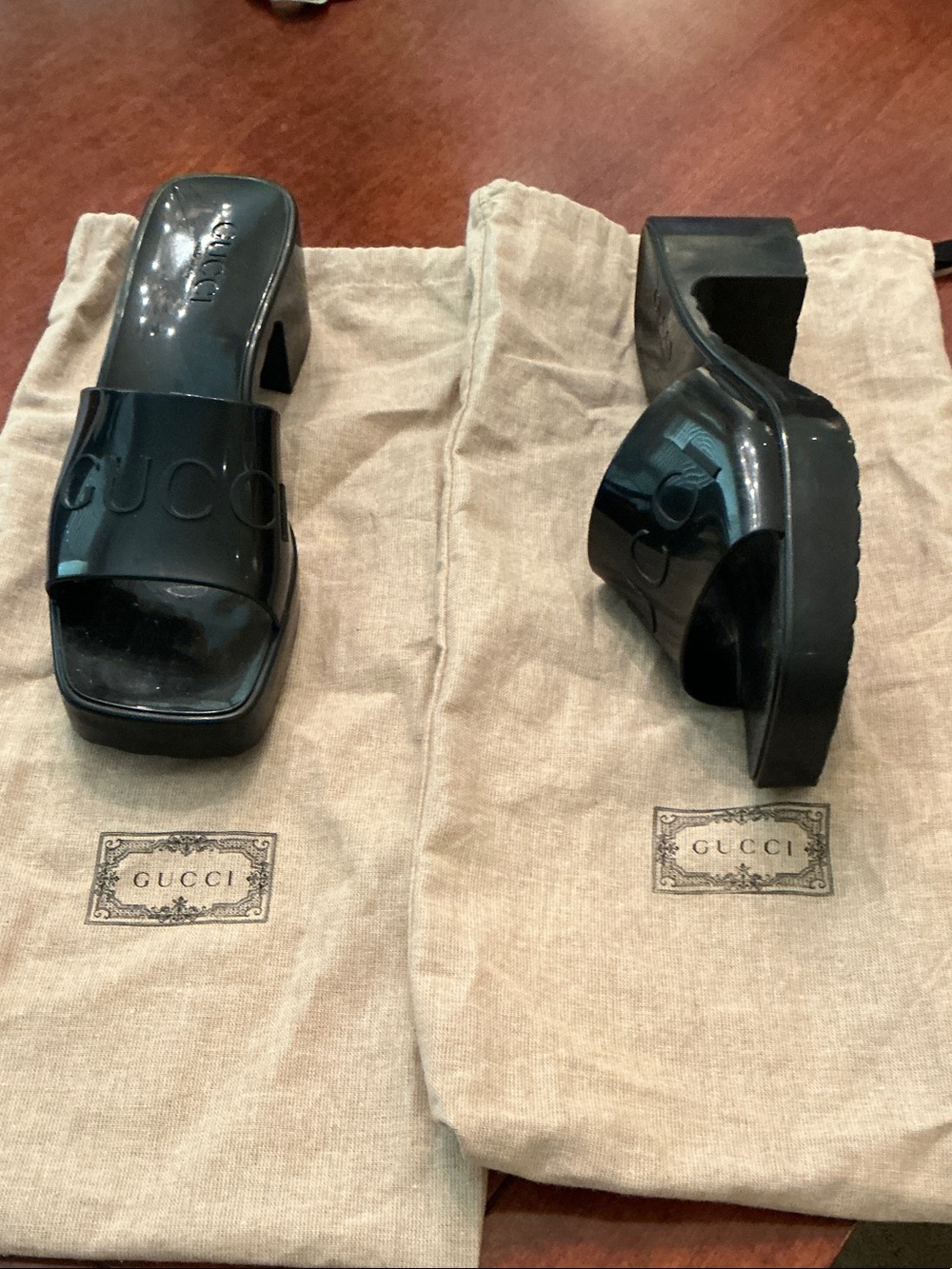 Gucci Black Patent Logo Slide Heeled Sandals